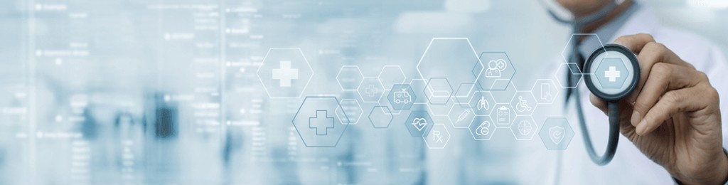 medical technology, online health network, telemedicine concept. doctor holding stethoscope with medical technology internet network connection, healthcare and medicine, hospital background