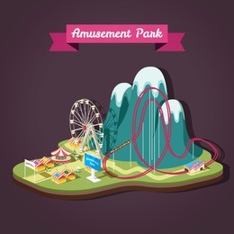 vector isometric illustration of amusement park with different attractions.