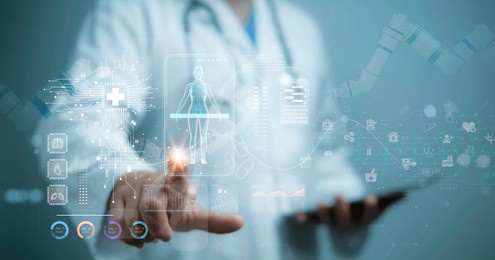 medical worker with virtual medical revolution and advance of technology artificial intelligence,ai deep learning for medical research,transformation of innovation and technology for future health