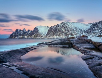winter view to steinfjord on senja island, troms county (long exposure) - norway