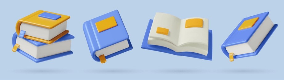 3d books and reading icons collection. cute plastic blue textbooks with bookmarks stack, opened and closed flying vector objects set.
