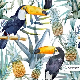 bird, tropical, palm tree, watercolor, pineapple, pattern, wallpaper, toucan