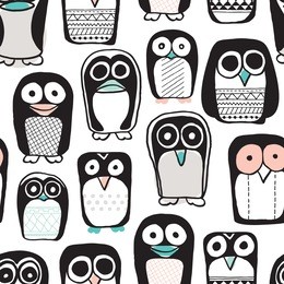 seamless quirky kids penguin and owl illustration retro style black and white with pastel color pops background pattern in vector