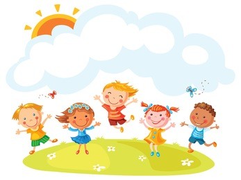 happy cartoon kids jumping with joy on a hill with a copy space, no gradients, no outline