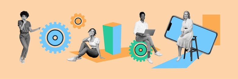 composite trend sketch image photo collage of workspace young four woman cogwheel teamwork organisation office manager work laptop phone