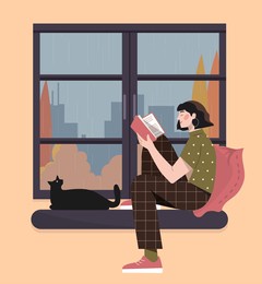 woman with book at window. young girl sits and reads. owner and cat sitting in apartment on autumn day. love for literature and leisure. flat vector illustration isolated on white background
