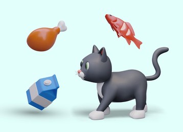 cat diet concept. delicious food for furry pet. 3d cat, fish, fried chicken leg, carton with milk