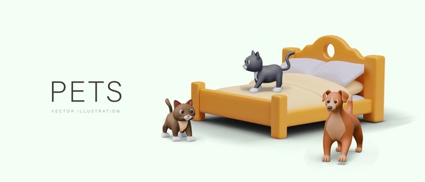 funny pets vector concept. realistic dog, cats on bed. animal hygiene at home