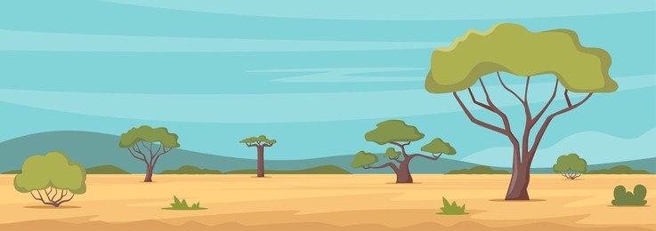 african savannah landscape with green trees, and plain grassland field under blue clear sky. kenya panoramic view, wild nature. vector