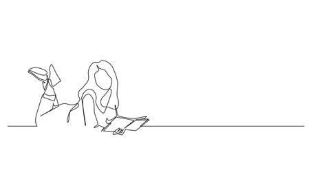 continuous line drawing of woman studying in outdoor park.one line drawing of woman reading book by lying down in park.line vector illustration.