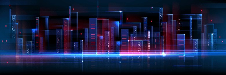 abstract tech city with blue and red neon glow on black background. realistic vector illustration of future technology town. urban landscape with skyscraper constructions and innovation network.