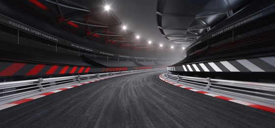 fast ride on racing track and empty grandstands around asphalt road at night. professional digital 3d illustration of racing sports.