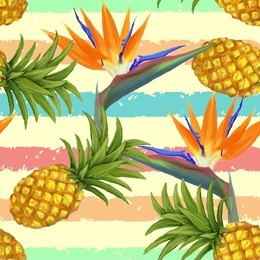 tropical exotic flowers and pineapple seamless background in vector