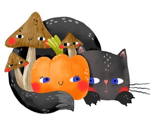black cat with pumpkin and mushroom. hand drawn cartoon halloween illustration on isolated background