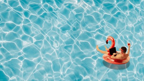 contemporary art collage. man in swimming flamingo-circle floating in pool and working online, drinking cocktail. abstract artwork. concept of business, remote work, workplaces, freelance, internet.