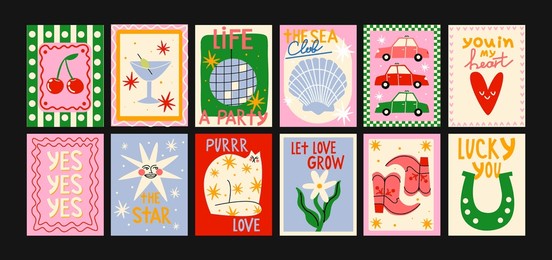 abstract party posters in cartoon style 90s. wall decor, bright banners of summer, disco, plants, cocktails in the minimalist style of matisse. decor of wallpaper, walls and postcards
