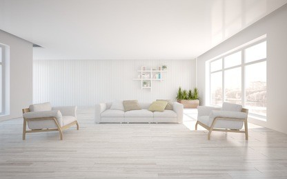 white modern interior with panoramic windows and corner sofa-3d rendering