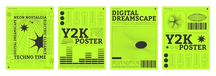 poster design template in trendy y2k style with grid abstract acid surface on acid neon green background. vector retro 2000s aesthetic cover banners set with wireframe psychedelic distort pattern.