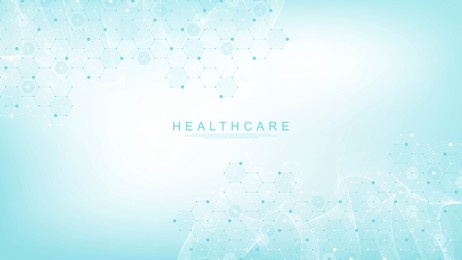 modern health care or medical background design. health care innovation concept. horizontal header web banner. abstract geometric background with hexagon shapes for medicine, science, chemistry.