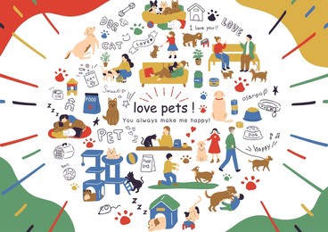 set illustration of people living with pets