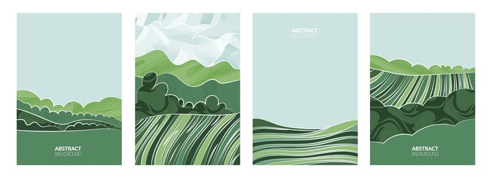 abstract landscape collage with rice paddy, wheat field, corn, soy, tea. green hills, vineyard, eco farm, and sustainable grassland. organic crops, modern patchwork, nature illustration. vector design
