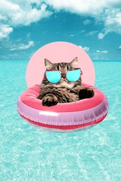 adorable cat in big sunglasses relaxing in pink inflatable ring on clear water of ocean under clear blue sky. contemporary art collage. concept of summer, vacation, animal theme, travelling