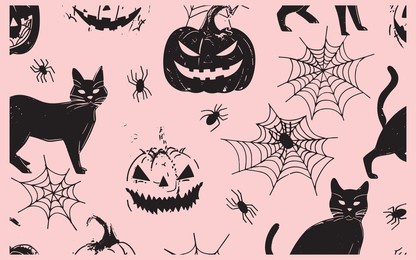 seamless halloween pattern with cat, pumpkin, bat