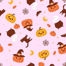 seamless pattern with halloween pumpkins, cats, cauldrons, cobwebs. vector graphics.