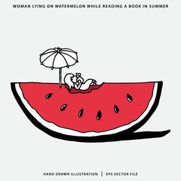woman lying on watermelon while reading a book in summer