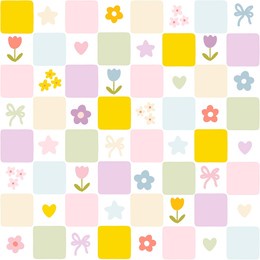 floral pattern seamless with meadow flowers, hearts and stars, checkerboard retro groovy background. cute cartoon, hand-drawn style, pastel palette. ideal for printing, scrapbooking, textile, fabric