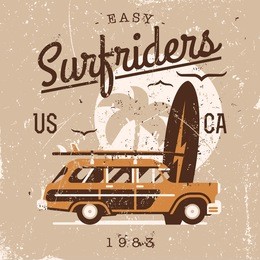 vector retro style weathered surfriders t-shirt graphics design featuring surf woodie car, palm silhouette and seagulls with shabby textures on separate layers | vintage wall art poster on surfing 