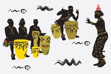 african musicians dance and play the drums.