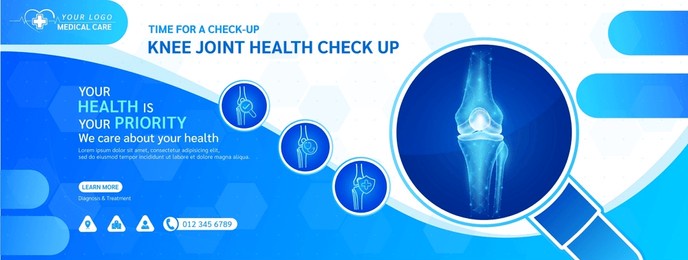 medical health care check up. knee joint human in magnifying glass frame. stethoscope examining organ icon. template design background banner for medical ads social media editable. vector.