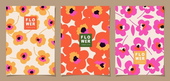 floral template set for poster, card, cover, label, banner in modern minimalist style and simple summer design background with flowers and plants.