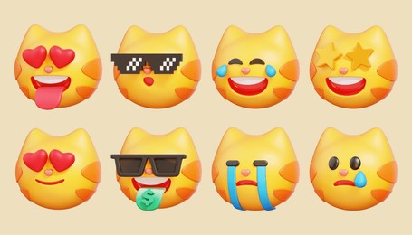 set of cat characters emojis. emotion cartoon icon. animal emoticon. 3d illustration