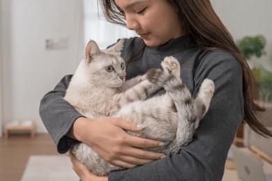 a woman reclining on a couch with her white cat resting on her legs. the setting is relaxed and comfortable