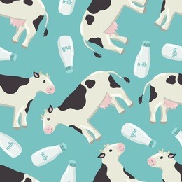 seamless blue background with a pattern of drawn cheerful white-black spotted cow and a bottle of milk