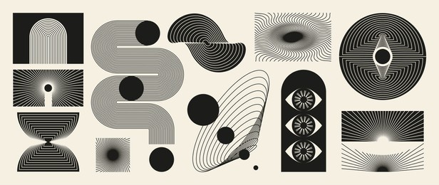 hand drawn abstract minimal element mid century vector set. aesthetic contemporary stripe line art, geometric shape in monochrome. art form design for wall art, decoration, wallpaper.