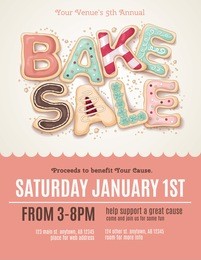 hand drawn type that says bake sale in the shape of delicious and colorful cookies on a flyer, brochure, poster template layout.