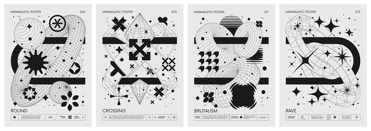 brutalist style vector minimalistic posters with silhouette basic figures, retro futuristic graphic elements of geometrical shapes rave composition, modern monochrome print artwork, set 68