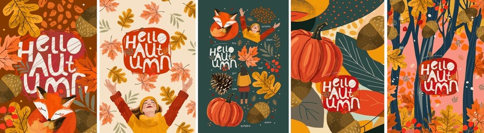 hello, autumn. vector cute illustration of nature, frame, pattern, forest, leaves, leaf, pumpkin, acorn, girl, fox, maple leaf for background, greeting card, invitation, poster or background
