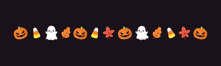 separator border illustration line of cute ghost, jack o lanterns, trick or treat icon pattern for halloween day concept of autumn season