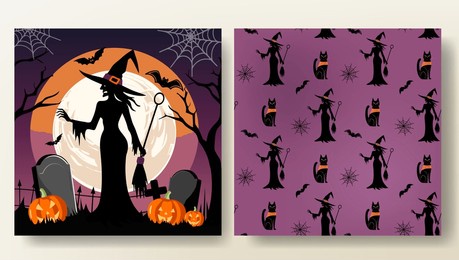 set of halloween card and seamless pattern with witch, cat, pumpkins and bat. halloween template. happy halloween