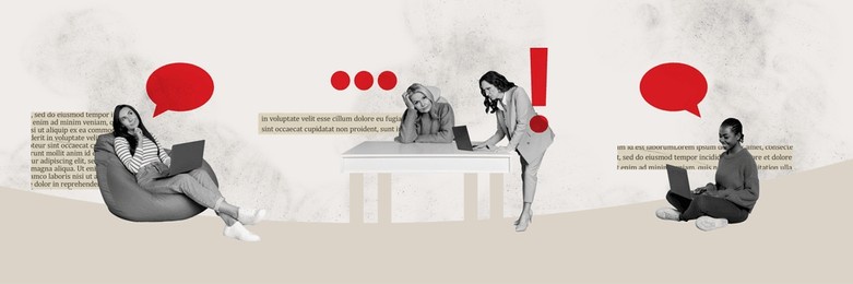 trend artwork collage of horizontal panorama business analyze teamwork coworking lady office manager work laptop together speech cloud
