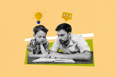 composite photo collage of happy dad help son homework read book school study light bulb idea text box talk isolated on painted background
