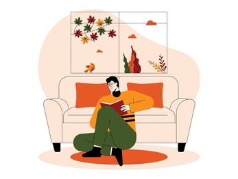 a man reading a book inside the house in warm clothes during fall season seen from the window, vector illustration.