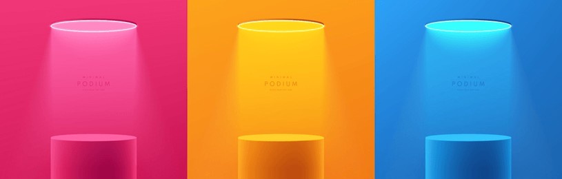 set of 3d cylindrical podium background in green, blue and orange color with glowing ceiling neon light. minimalist mockup pedestal, abstract product display presentation. vector platforms design.