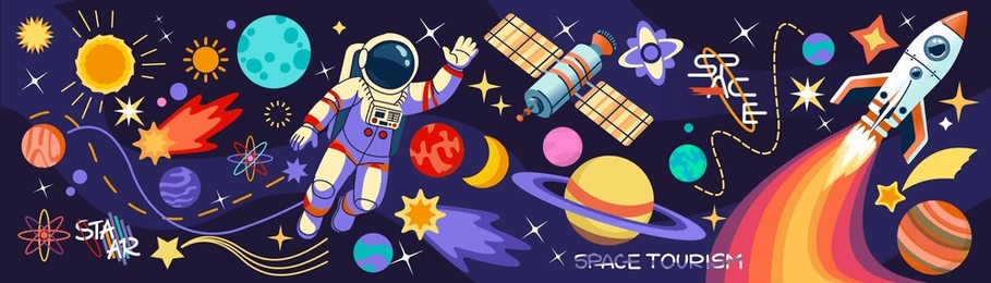space astronaut. galaxy planets, art science technology. rocket psychedelic background, flying cosmonaut cartoon design. mans future, earth universe. horizontal banner. vector fiction illustration