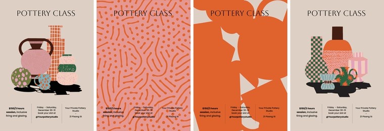 set of four vibrant pottery class posters featuring modern, minimalist designs with pottery illustrations and abstract patterns. ideal for art workshops and creative event promotions.