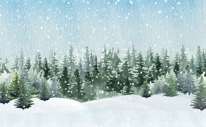 winter season pine forest during snowfall. vintage style painted illustration. winter season countryside landscape scene with pine trees, christmas tree covered with snow, snowdrifts, snowflakes